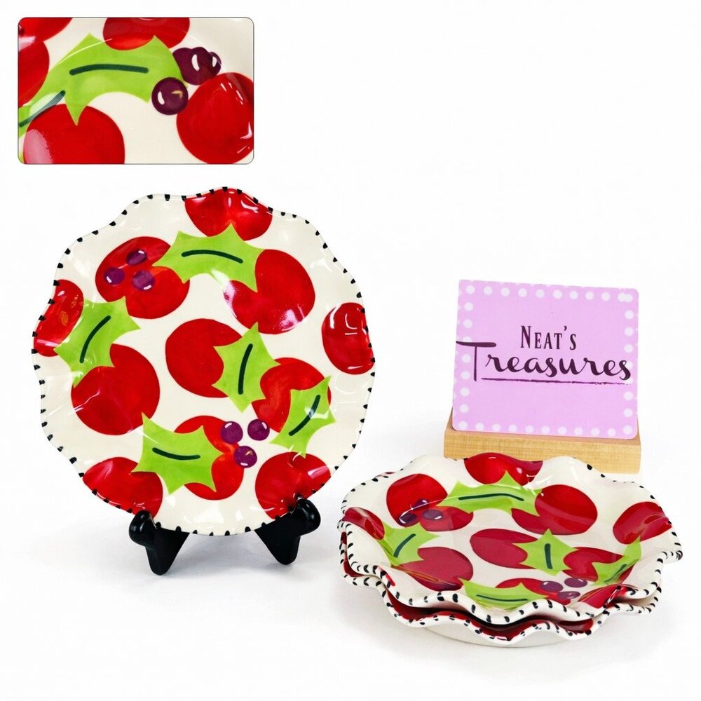 2008 Coton Colors Express Holly Berry Scalloped Everything Christmas Bowls Set 3